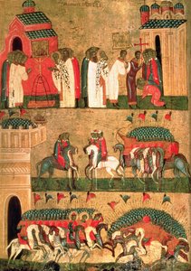 Bataille des Novgorodiens avec les Souzdalites, école de Novgorod, milieu du 15e siècle - Russian School